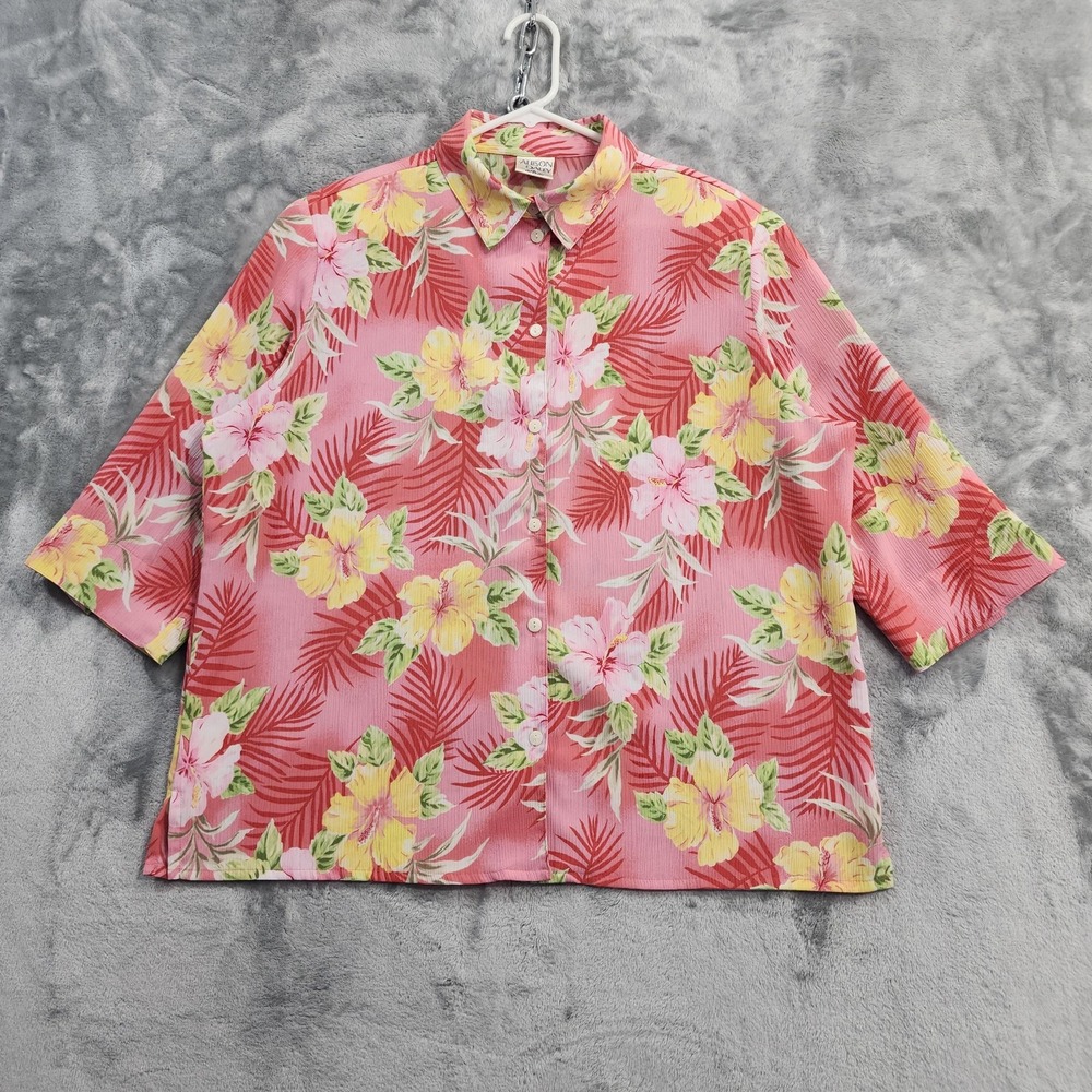 Vintage Allison Daley Top Womens 16 Pink Floral Hawaiian Button Up 3/4 Sleeve